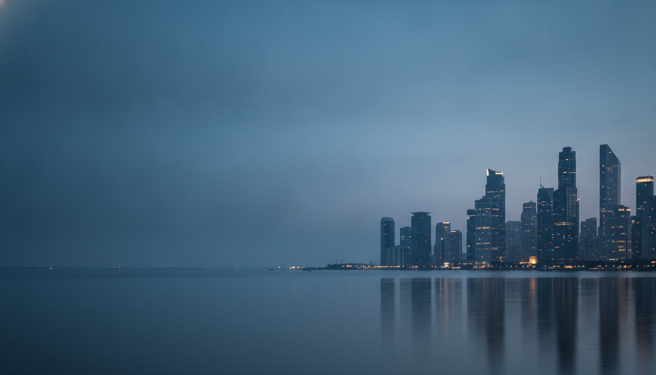 Professional LinkedIn banner example — an ultra wide photograph of a city skyline at blue hour reflected in calm water, the towers clustered on the right and the left half nothing but empty sky and open water