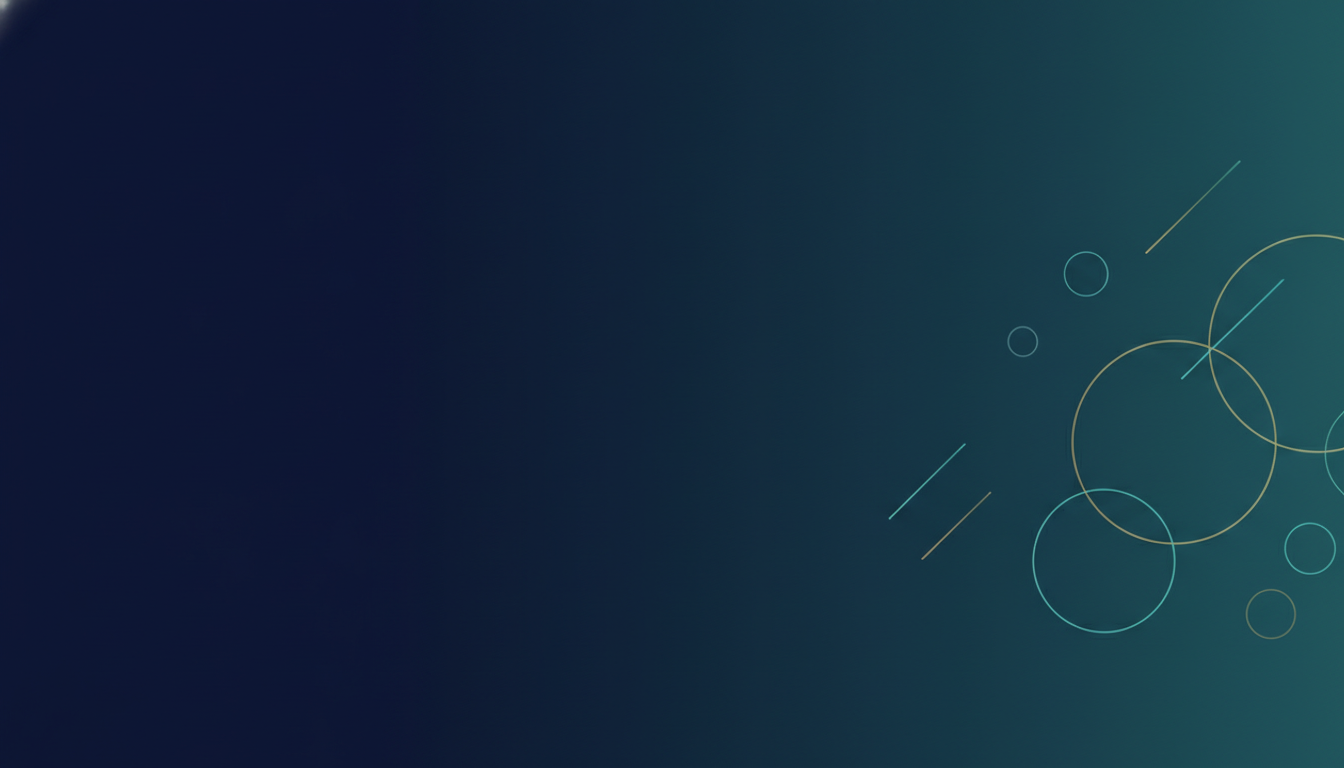 AI LinkedIn banner generator example — a wide banner filled with a smooth deep navy to teal gradient, a loose cluster of thin outlined cyan and gold circles and diagonal lines gathered in the right third, and the whole left half left plain and empty for the profile photo