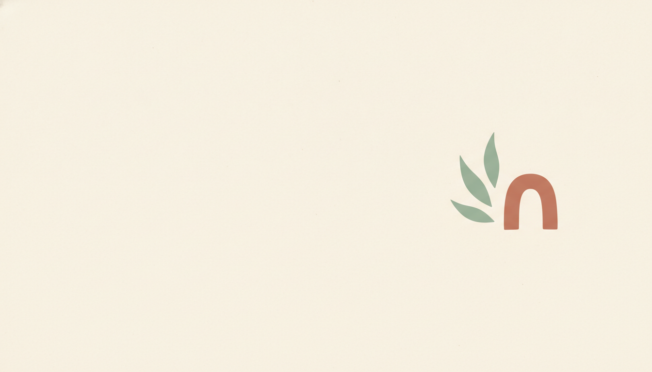 Minimal LinkedIn banner example — a wide warm cream banner, empty apart from a small arrangement of sage green leaf shapes and one terracotta arch placed right of centre, leaving the whole left side clear