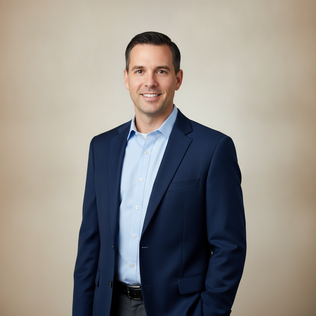 AI LinkedIn headshot generator result — a polished corporate portrait in business-casual attire on a light clean background