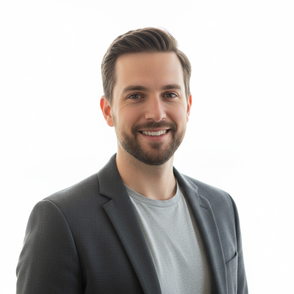 AI LinkedIn headshot generator result — a professional headshot of a startup founder in smart-casual attire on a warm neutral background