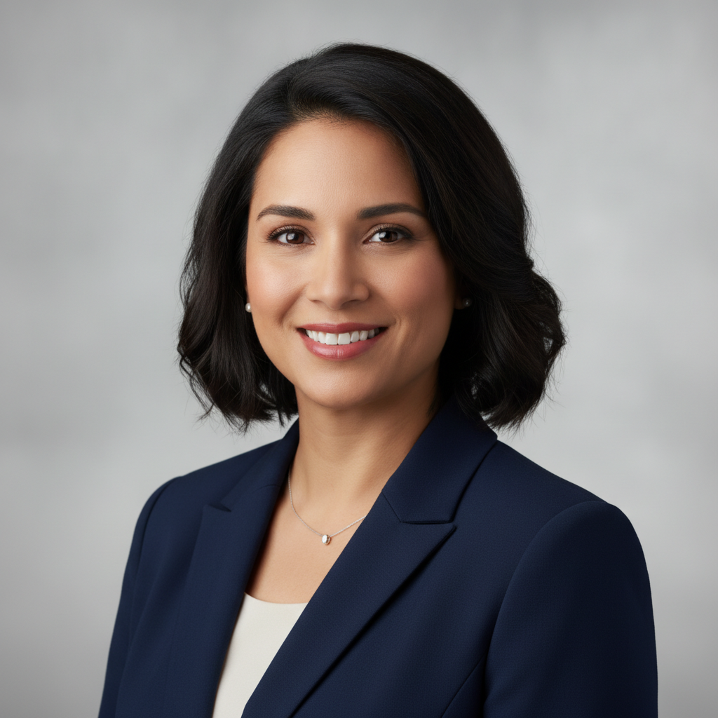 AI LinkedIn headshot generator result — a professional headshot of a woman in a navy blazer on a neutral gray background