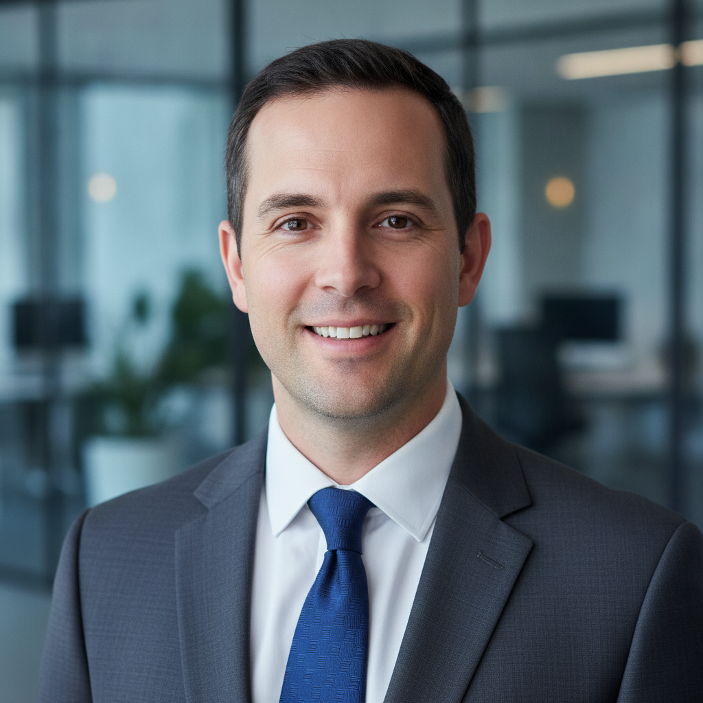 AI LinkedIn headshot generator result — a confident business headshot of a man with a blurred modern office background
