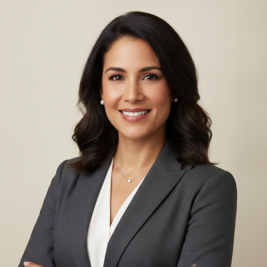 AI LinkedIn headshot generator result — a professional headshot of a businesswoman in a tailored suit on a plain studio backdrop
