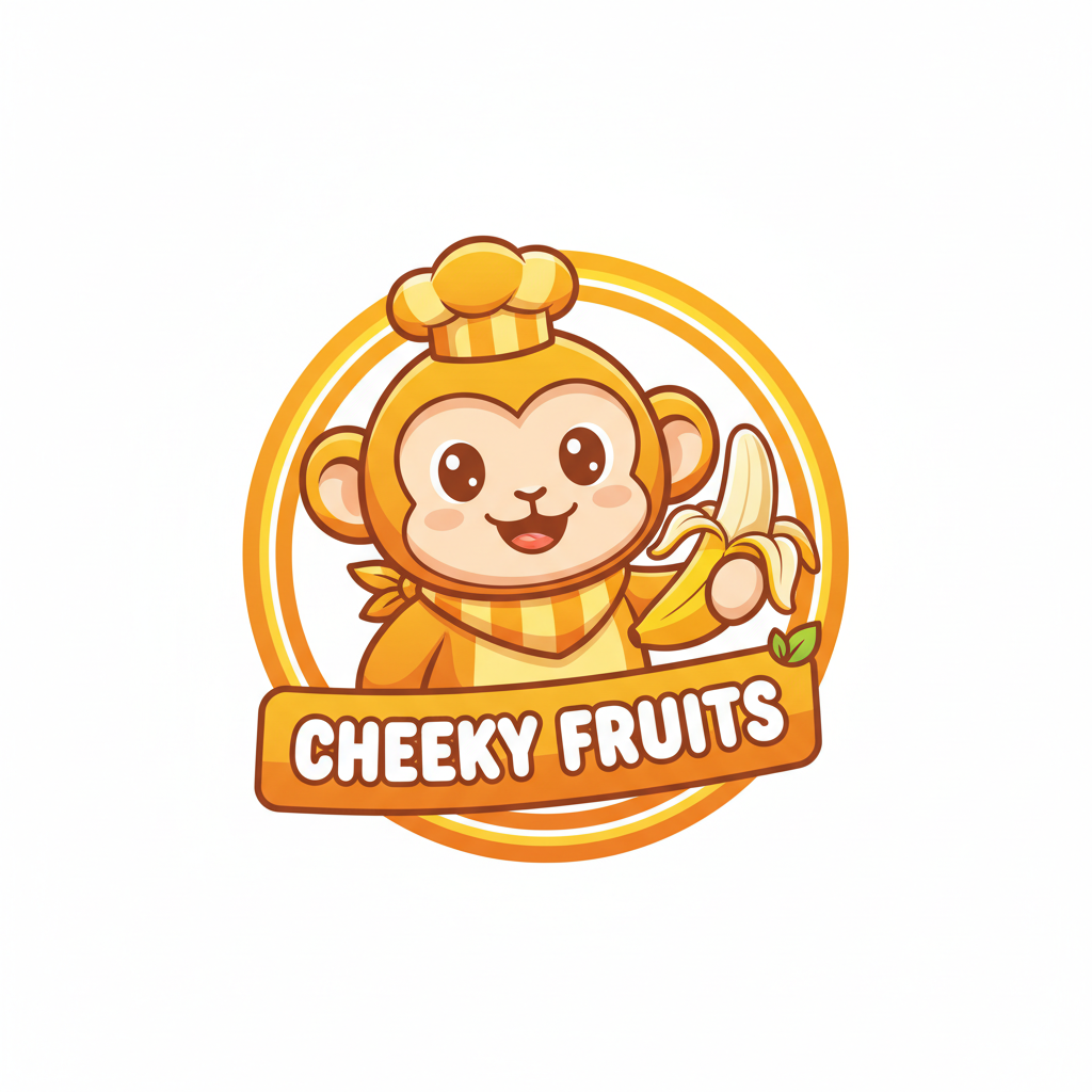 AI logo design tool output for a fun brand — playful cute mascot character logo with vibrant yellow and orange color palette, rounded approachable shapes, kids brand and food startup aesthetic