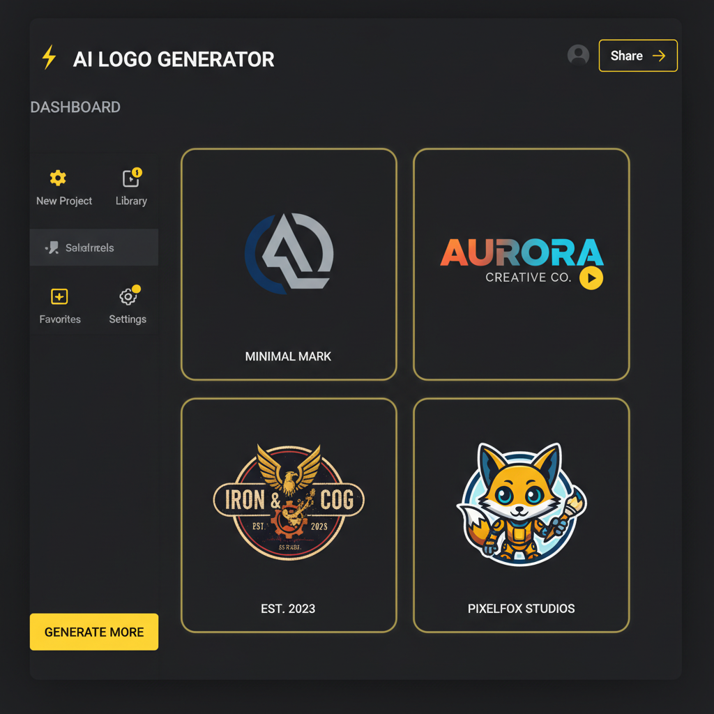 AI logo design tool dashboard mockup showing four AI generated logo variants on a dark grid — minimalist mark, gradient wordmark, vintage badge, and mascot character — with yellow accent highlights