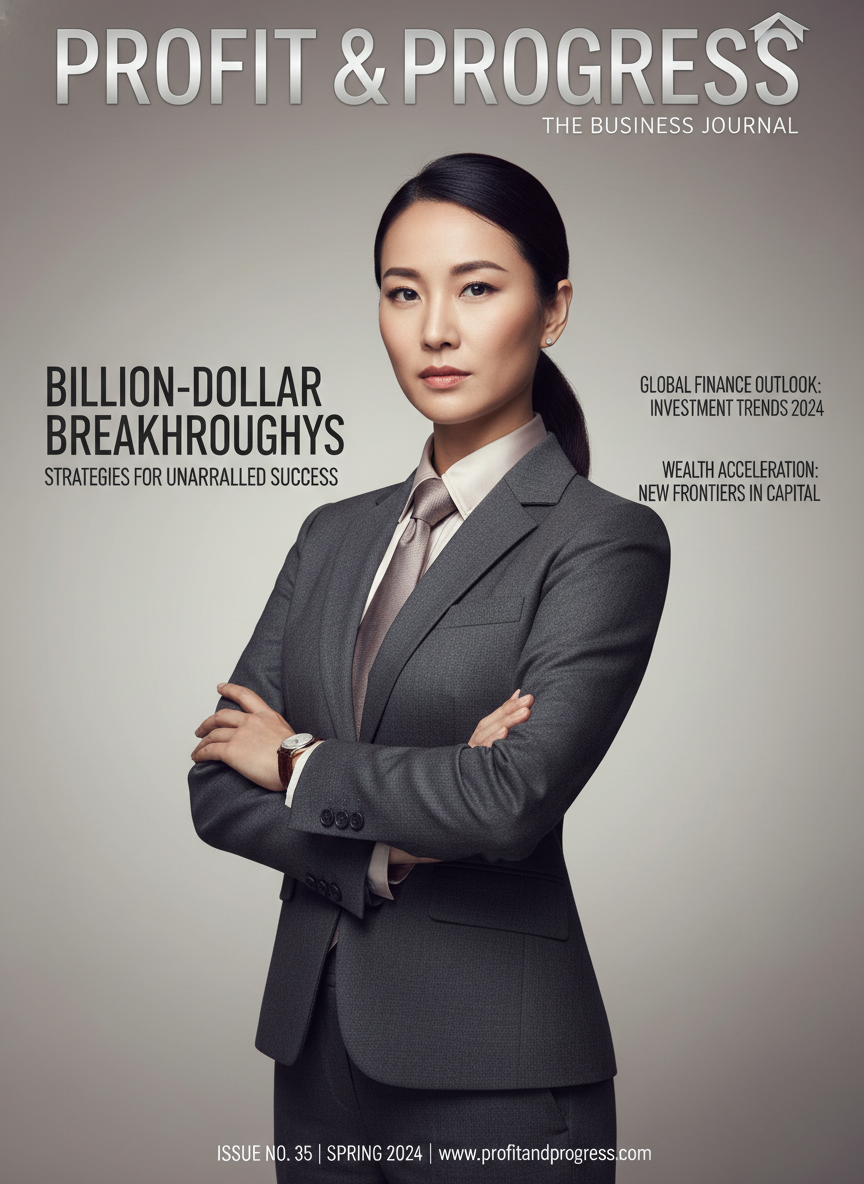 AI magazine cover generator result — business magazine cover with a professional portrait and sleek masthead