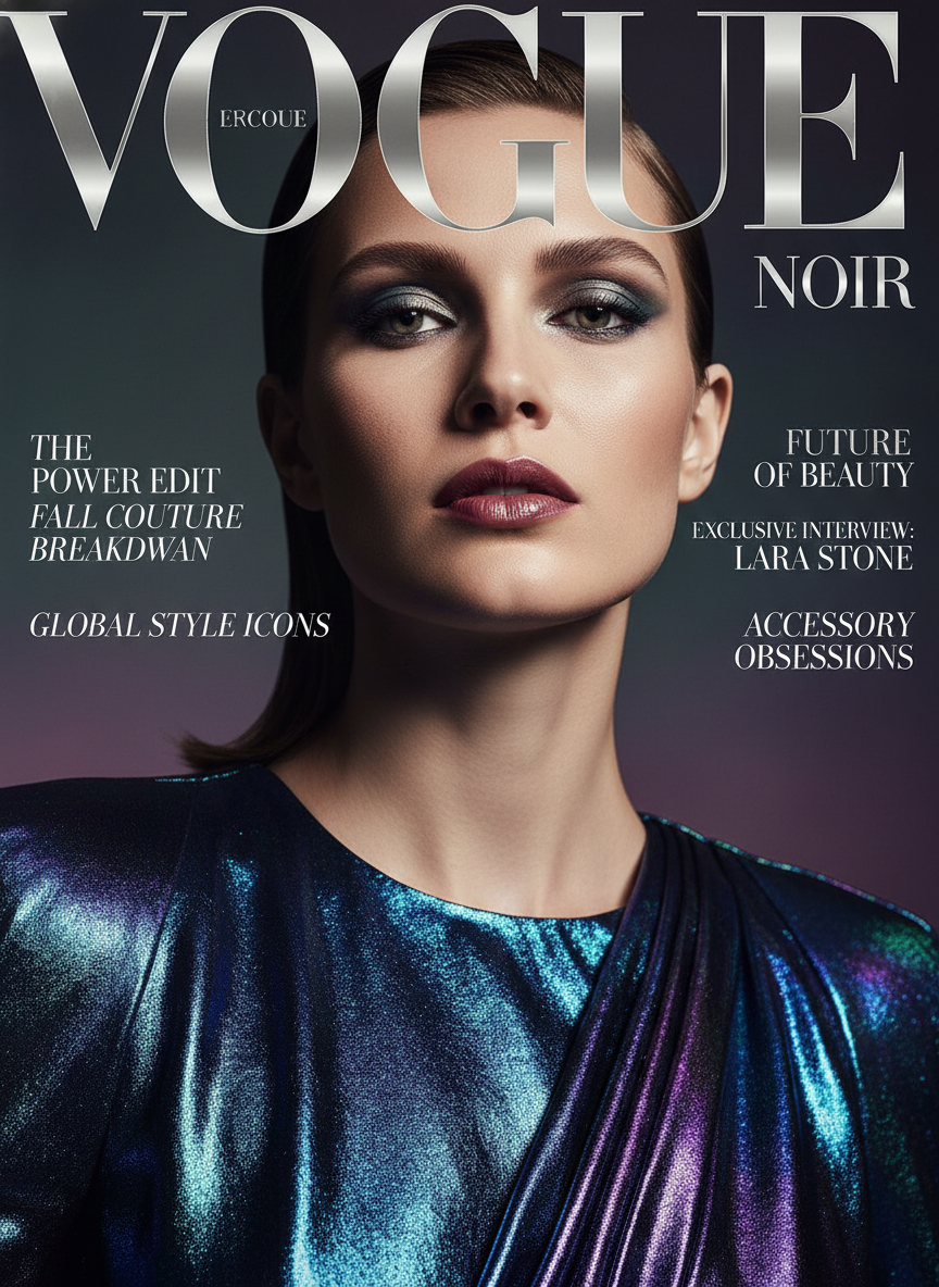 AI magazine cover generator result — glossy fashion cover with a model portrait, masthead and cover lines