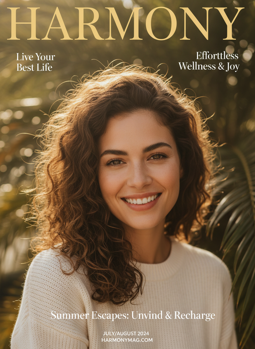 AI magazine cover generator result — lifestyle magazine cover with a smiling person and tidy cover lines