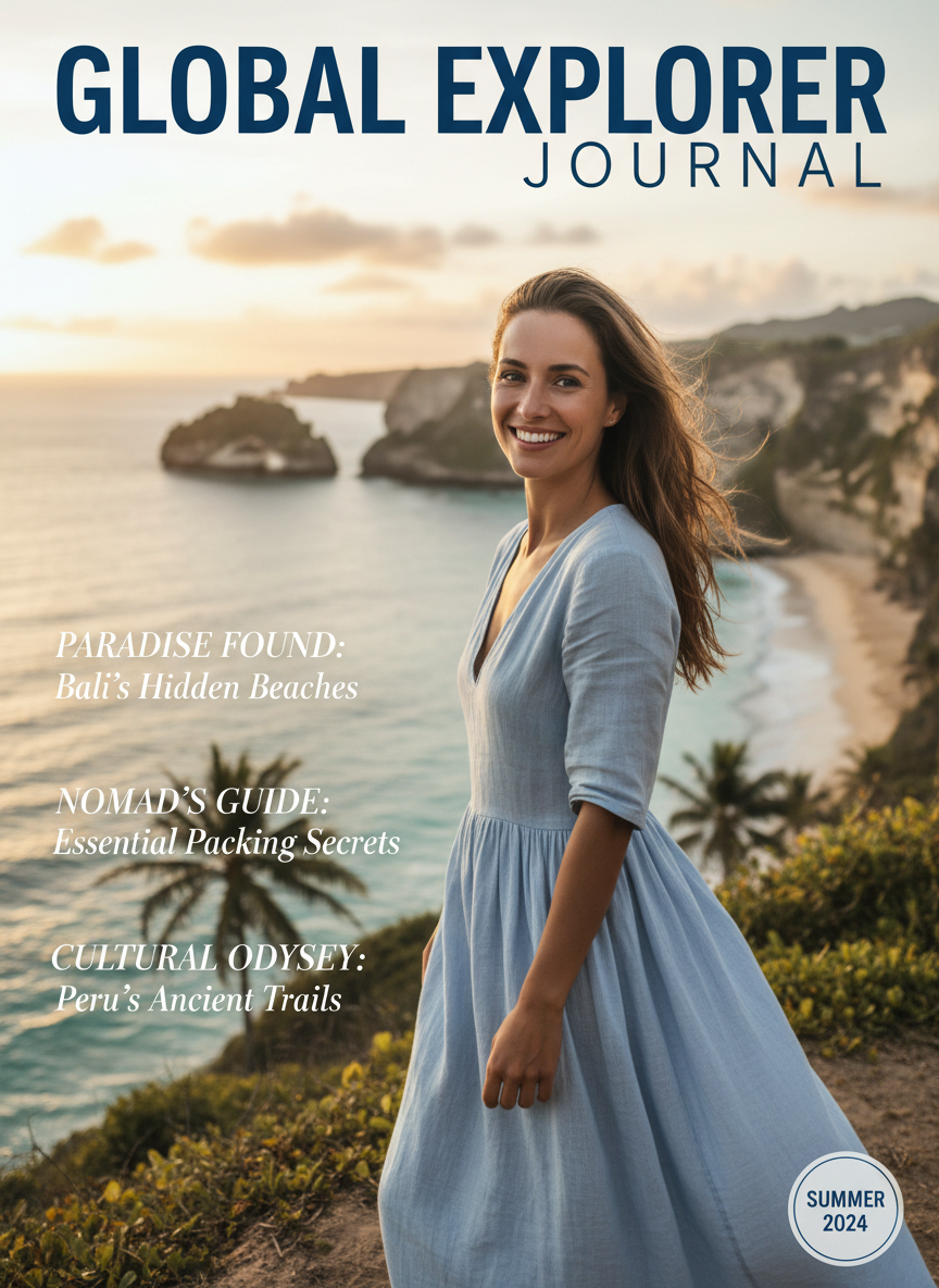 AI magazine cover generator result — travel magazine cover with a scenic portrait and title banner