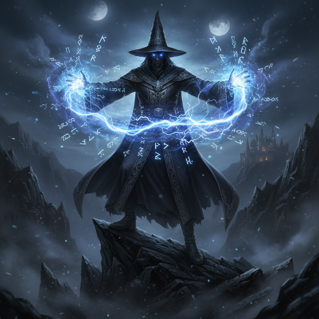 AI magic image generator output — a wizard casting a swirling spell of radiant blue and purple energy with glowing magical runes
