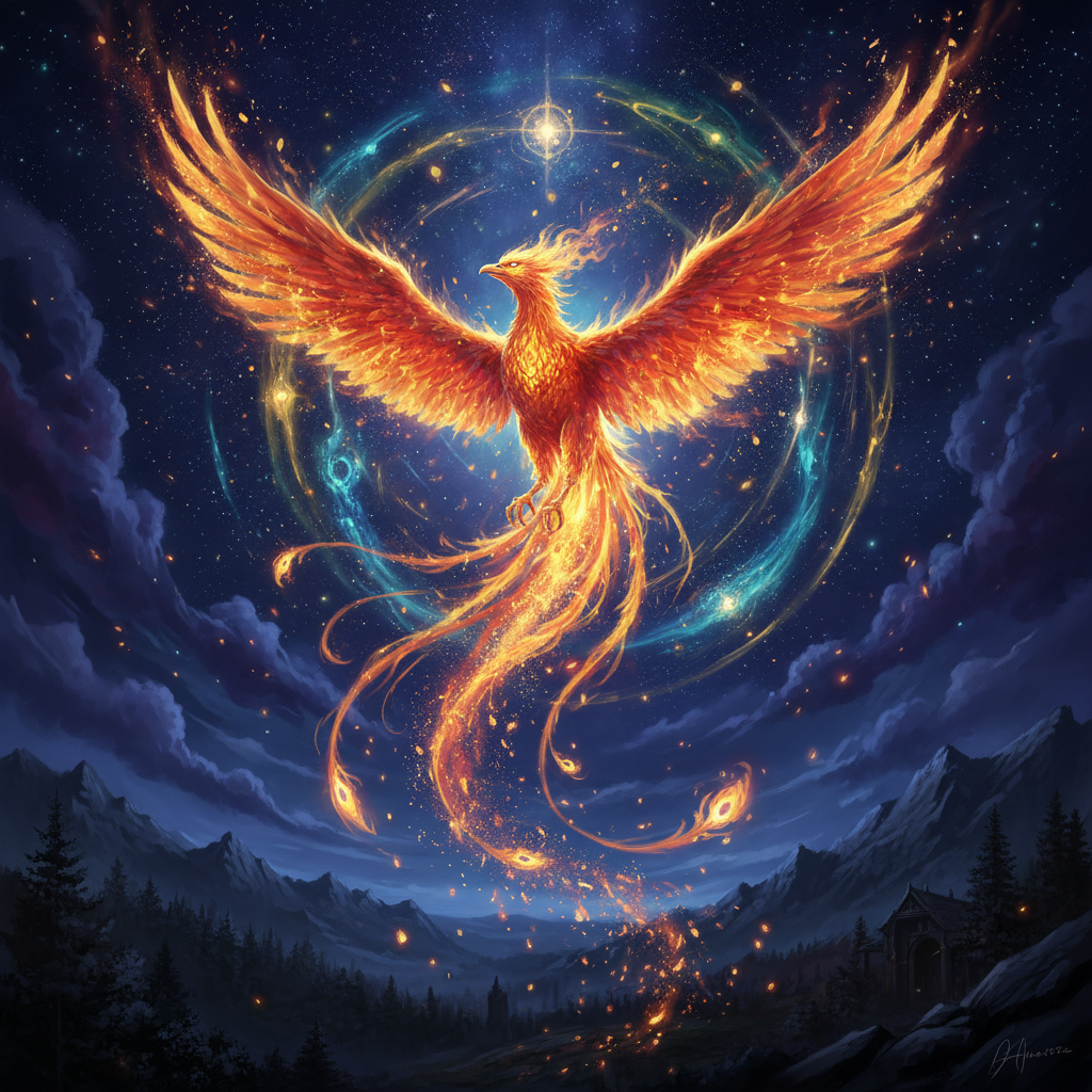 AI magic image generator output — a magical phoenix of brilliant fire and golden sparks rising into a starry night sky