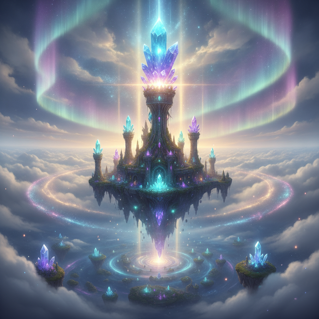 AI magic image generator output — an enchanted floating castle in the clouds surrounded by shimmering magical aurora