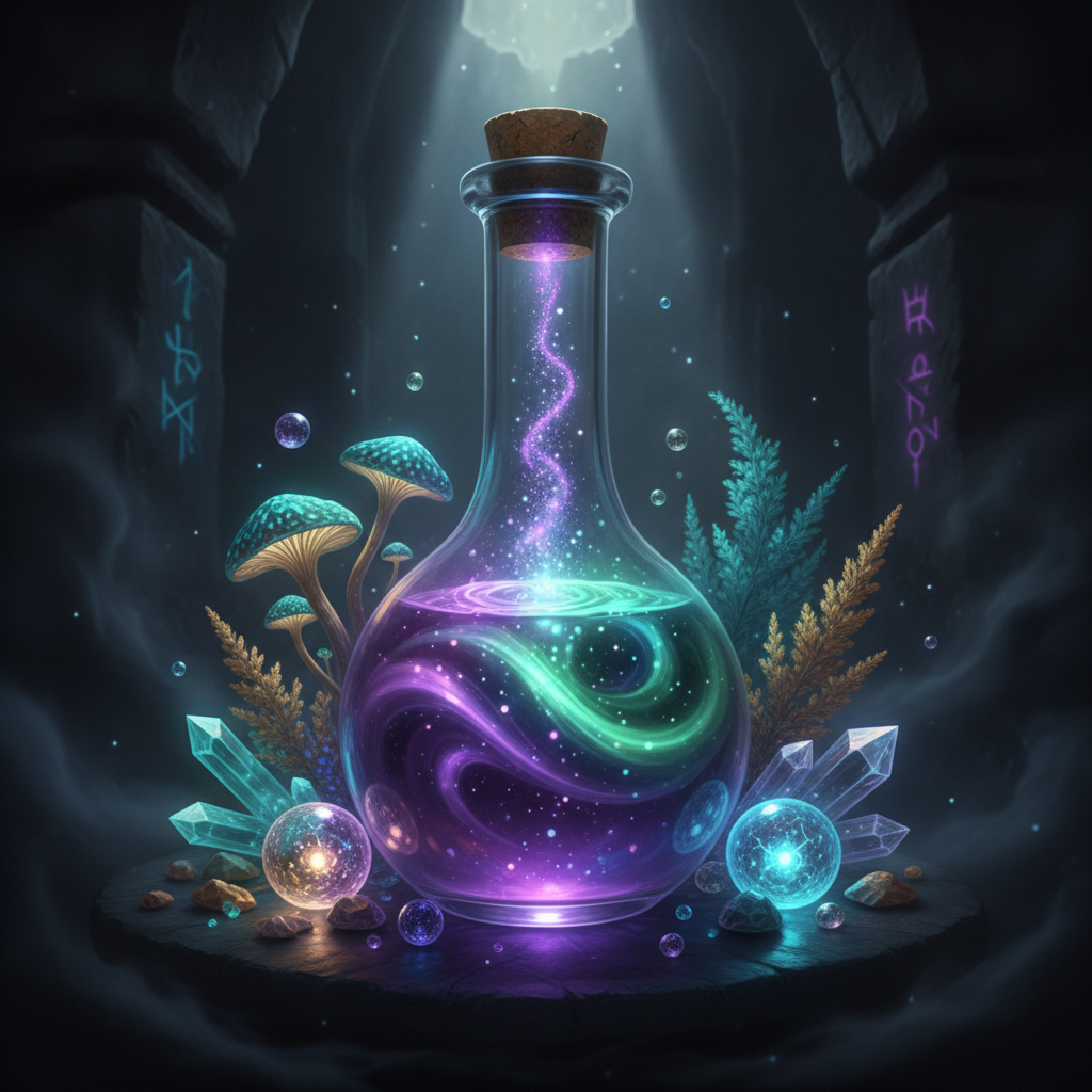 AI magic image generator output — a mystical potion bottle glowing with swirling iridescent magical liquid and sparkling particles
