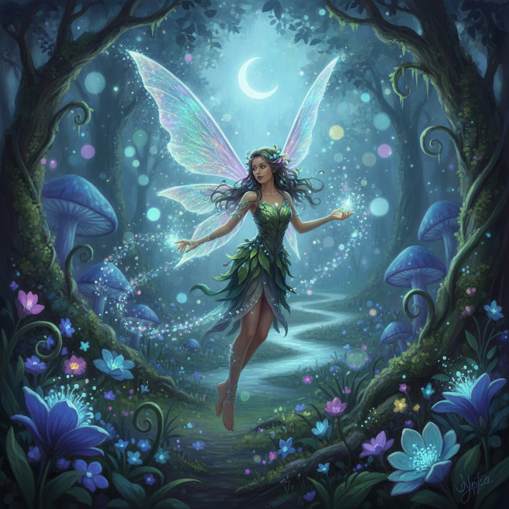 AI magic image generator output — a luminous fairy with glowing translucent wings surrounded by sparkling light in an enchanted garden