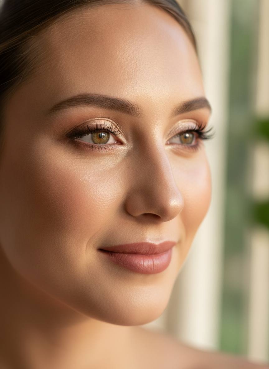 AI bridal makeup generator example — a dewy champagne eye look with inner corner highlight, softly defined lashes and a muted rose lip in warm window light