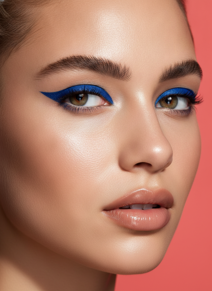 AI makeup look generator example — an editorial face with graphic cobalt blue liner across the lid, bare glossy skin, brushed up brows and a clean nude lip