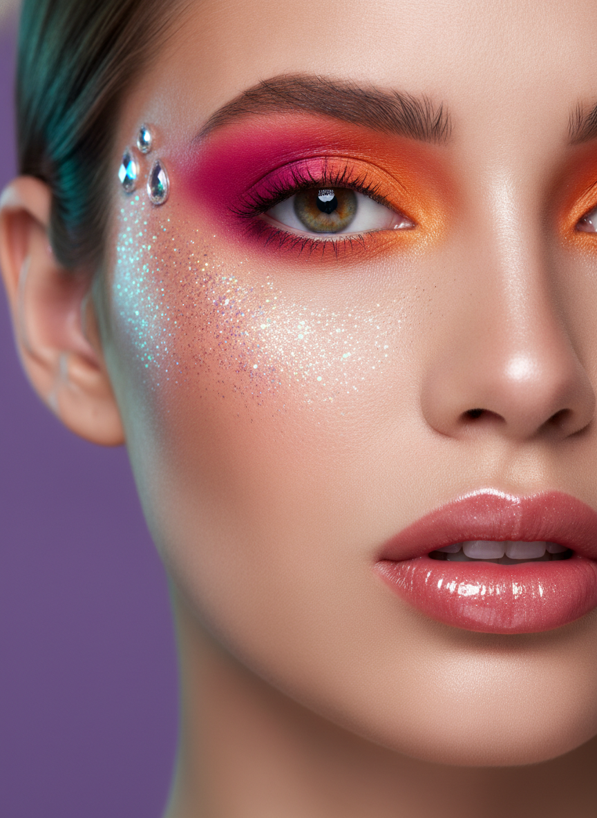 AI glam look generator example — a bold festival look with magenta and tangerine gradient eyeshadow, iridescent glitter on the cheekbones and tiny gems at the temple