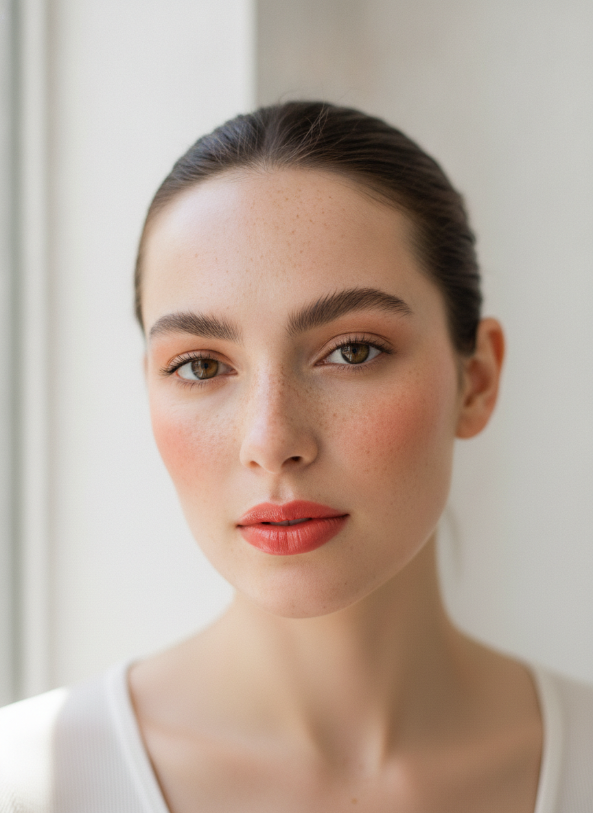 AI makeup try on example — a no-makeup-makeup look with sheer skin tint showing freckles, tinted brow gel, peach cream blush and a balmy tinted lip