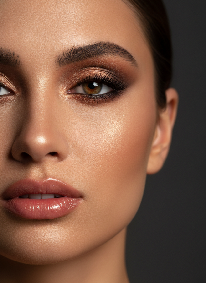 Virtual makeup try on ai example — a blended bronze and copper smoky eye with glossy tinted lips and softly contoured cheeks under a warm side key light