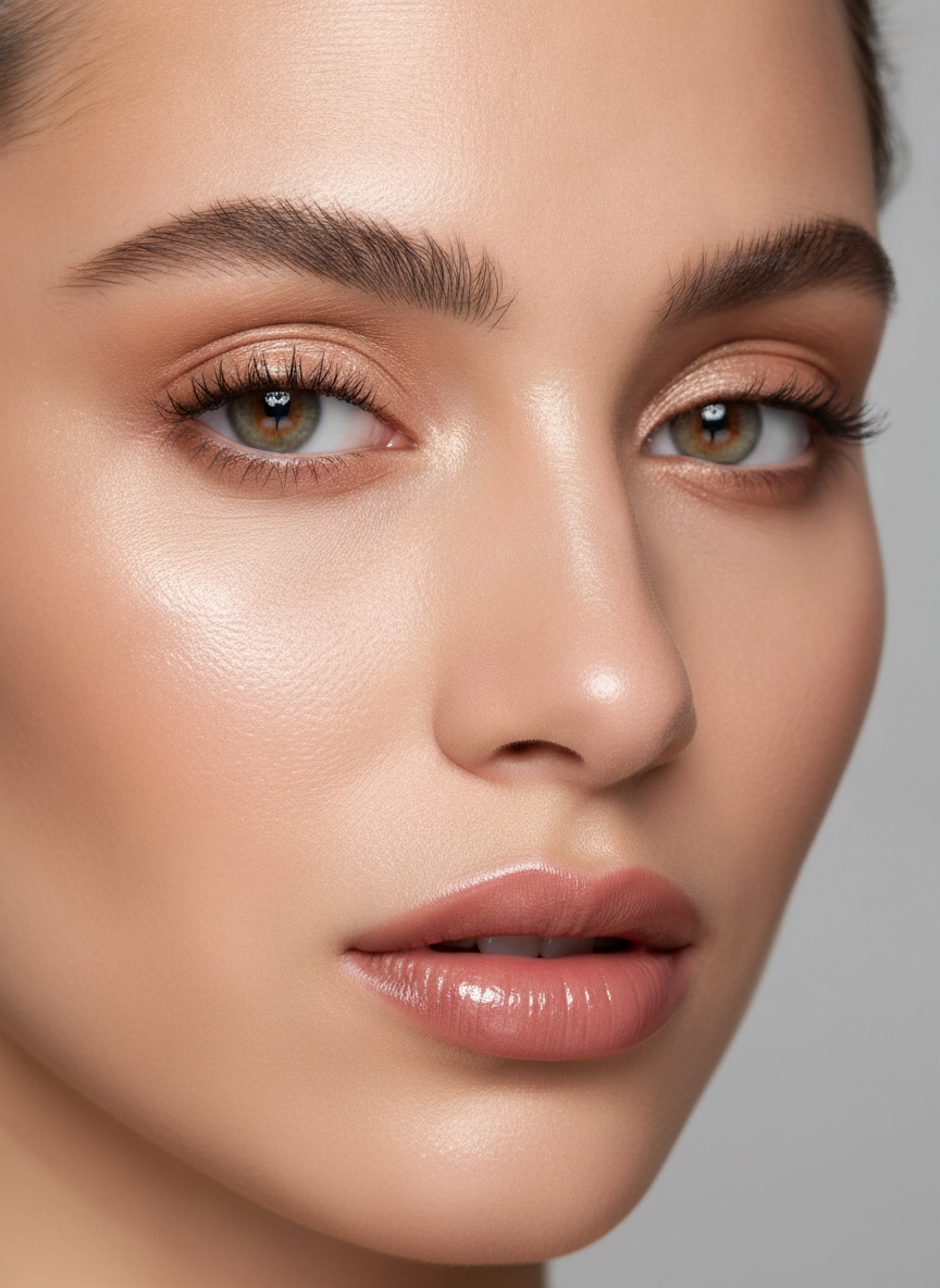 AI makeup generator example — a soft glam look with luminous skin, warm neutral shimmer eyeshadow, softly winged liner, fluffy brows and a rosy nude lip