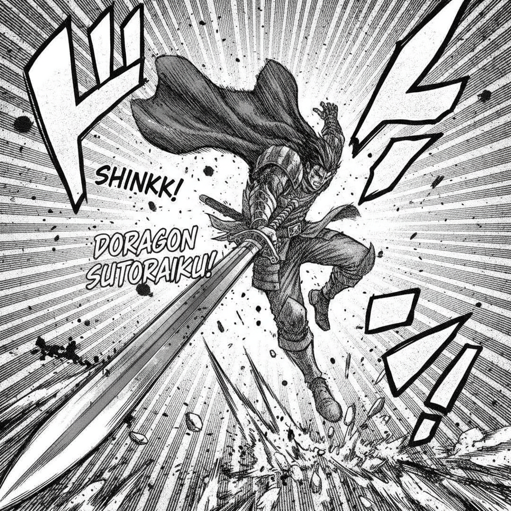 AI shonen manga action panel example — a swordsman mid leap with radiating speed lines and heavy ink spotting