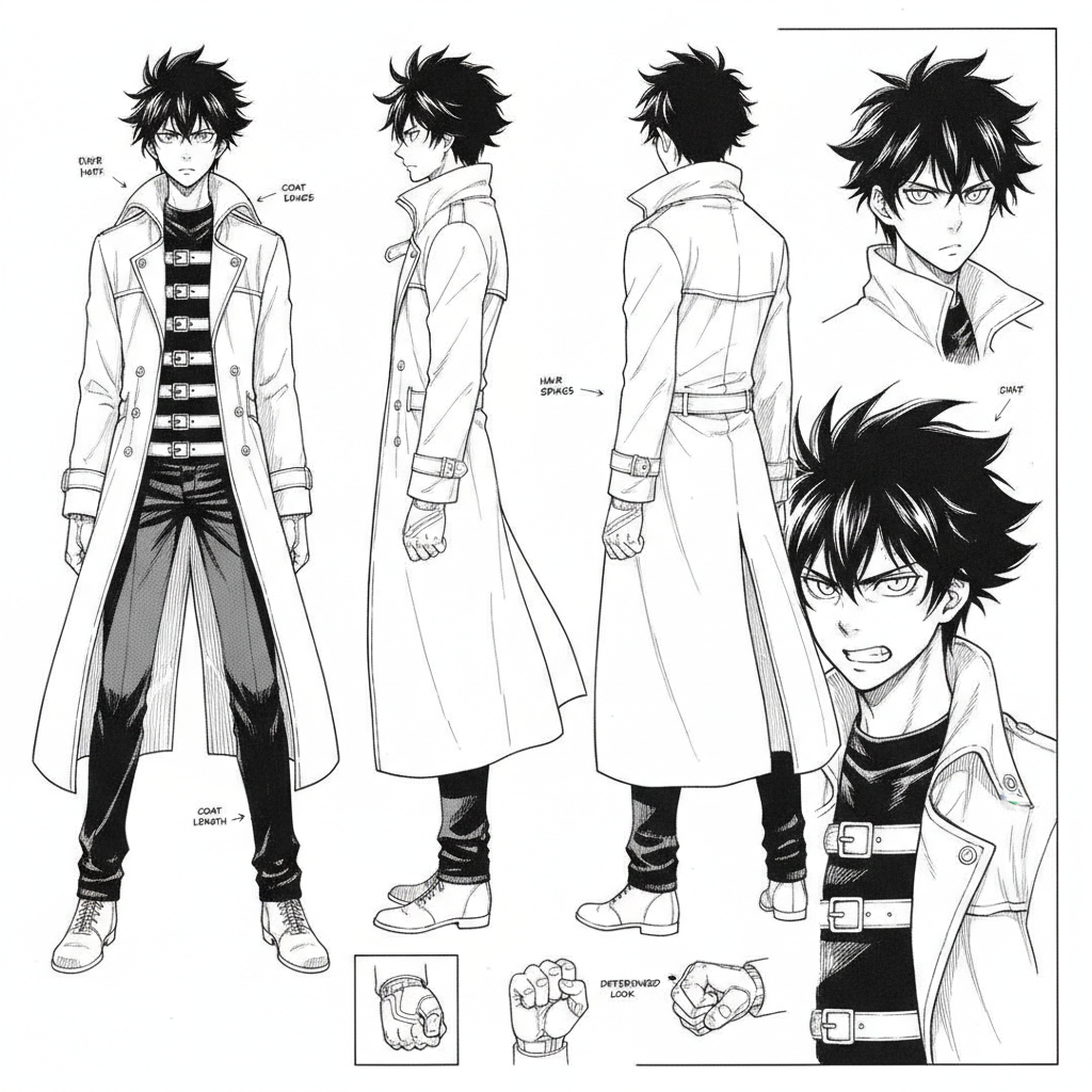 AI manga character sheet example — one protagonist drawn front, side, three quarter and close up in clean ink linework