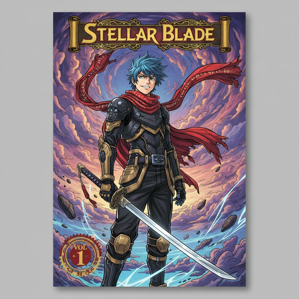 AI manga cover example — a full colour tankobon volume cover with a hero against a dramatic sky and a title banner