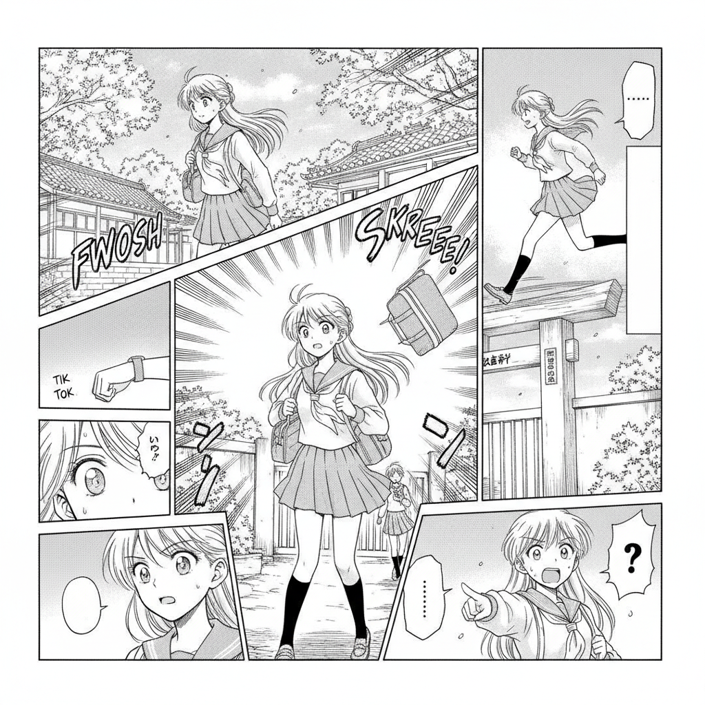 AI manga generator example — a six panel black and white manga page with screentone shading, speech balloons and white gutters