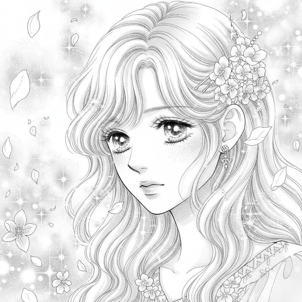 AI shoujo manga panel example — a close up of a girl with large sparkling eyes framed by floating flower petals