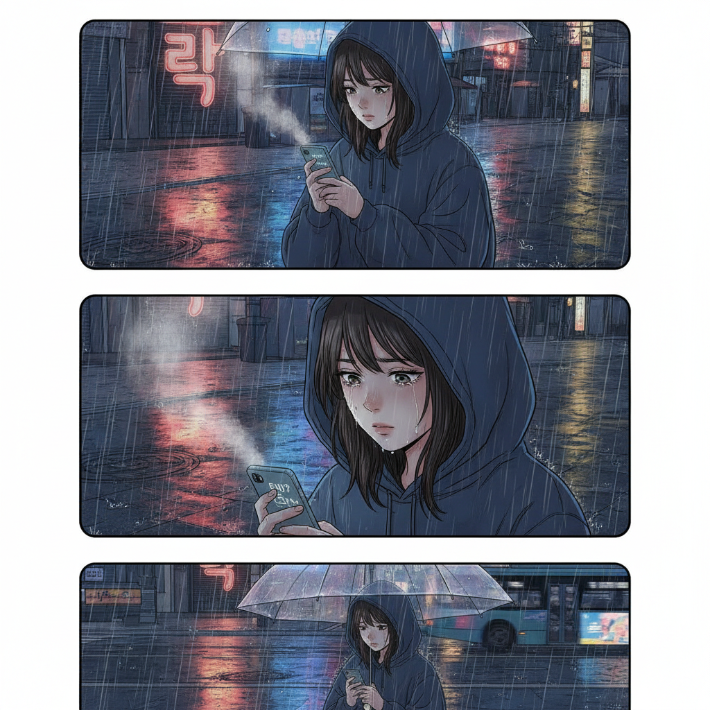 AI webtoon example — a full colour vertical scroll sequence of a girl on a neon lit rainy street at night