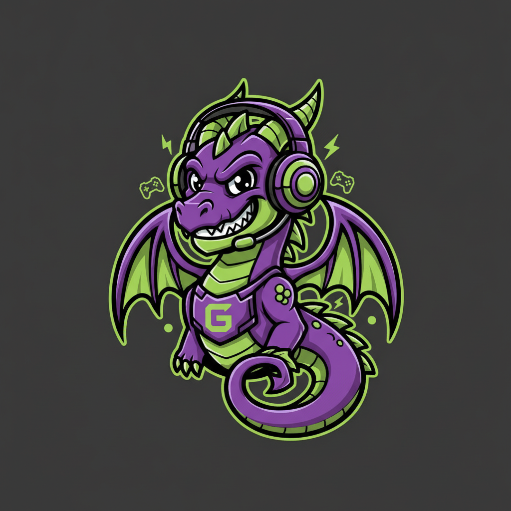 AI mascot generator result — a cool dragon gaming channel mascot with headphones