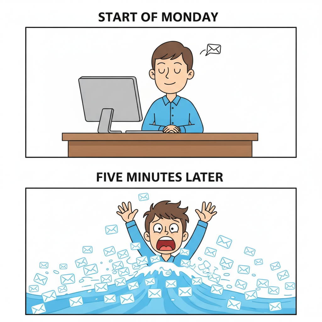 AI meme generator result — a two panel comic strip meme about office email overload