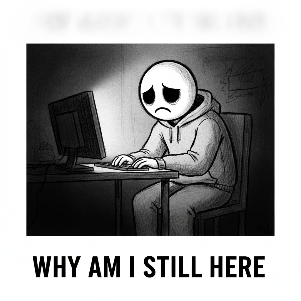 AI meme generator result — a minimal black and white drawn meme character at a monitor at night