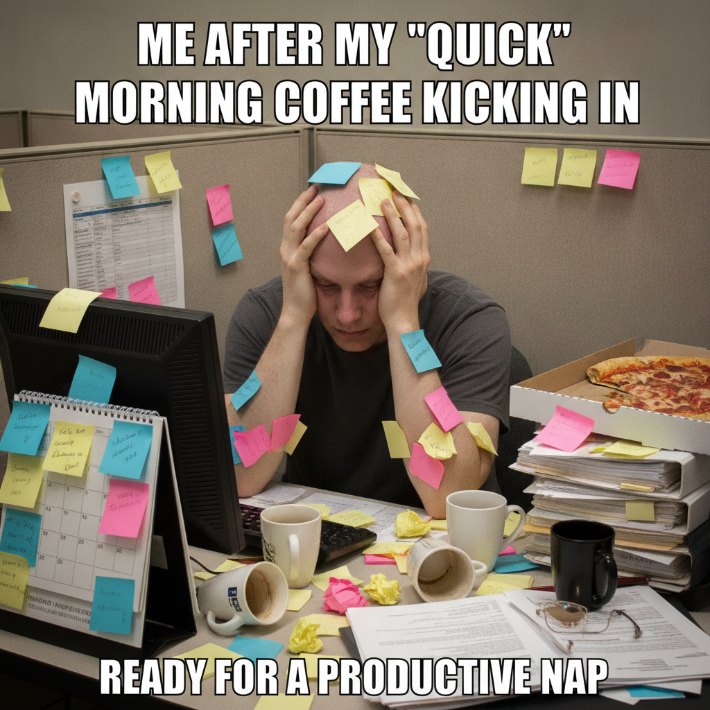 AI meme generator result — a relatable workplace meme of a tired employee buried in sticky notes