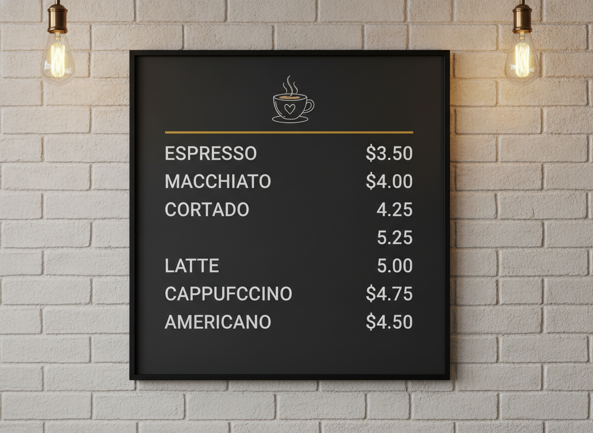 AI cafe menu design example — a charcoal coffee board with white sans serif lettering, two columns of drinks and right aligned prices on a pale brick wall