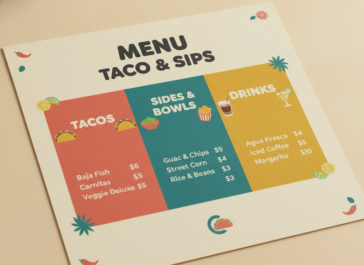 AI food menu maker example — a bright casual eatery layout with bold rounded type, coral teal and mustard colour blocks and small flat taco illustrations