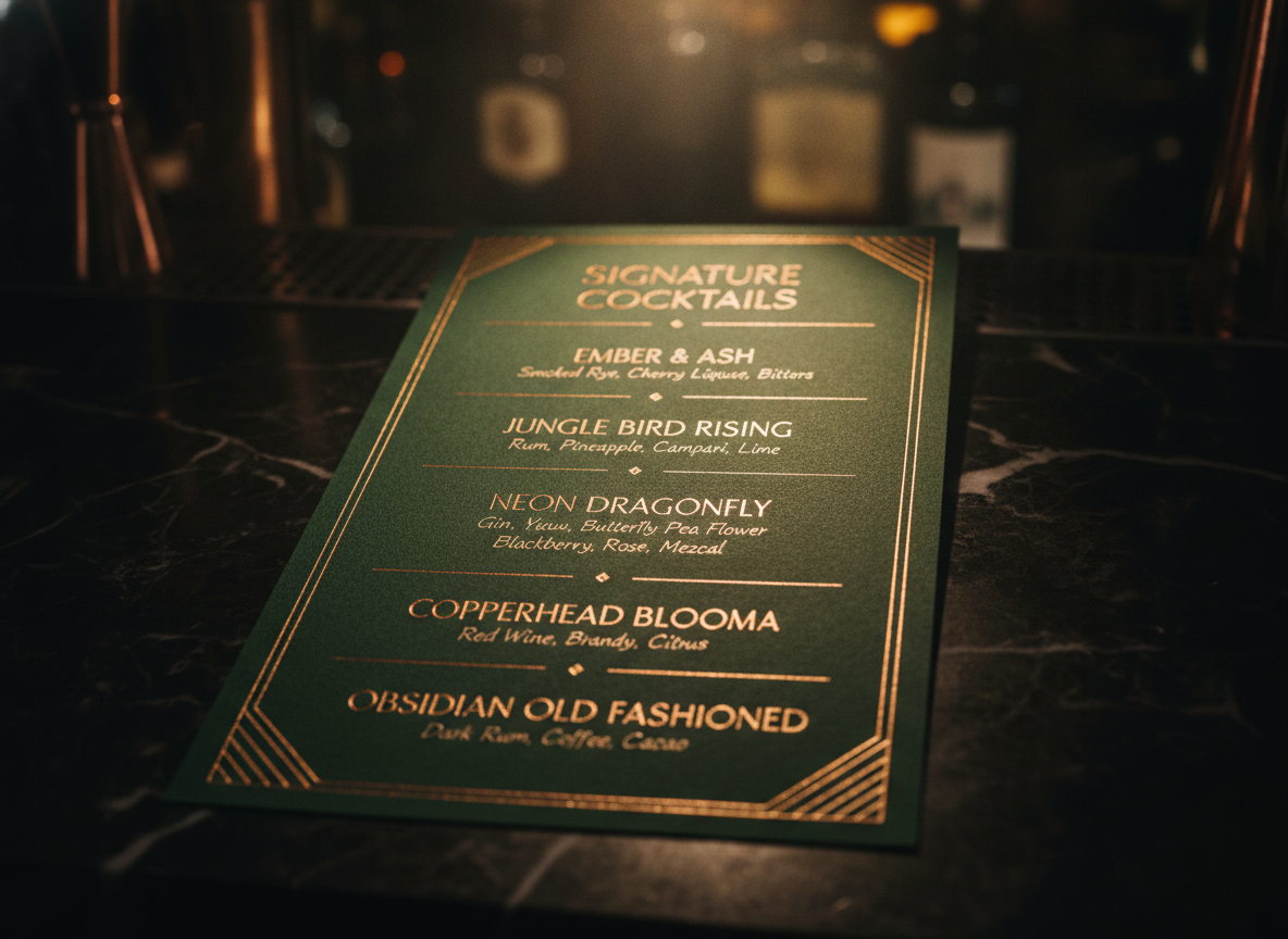 AI bar menu generator example — a forest green card with copper foil lettering, deco rules and six signature cocktails on a black marble bar top