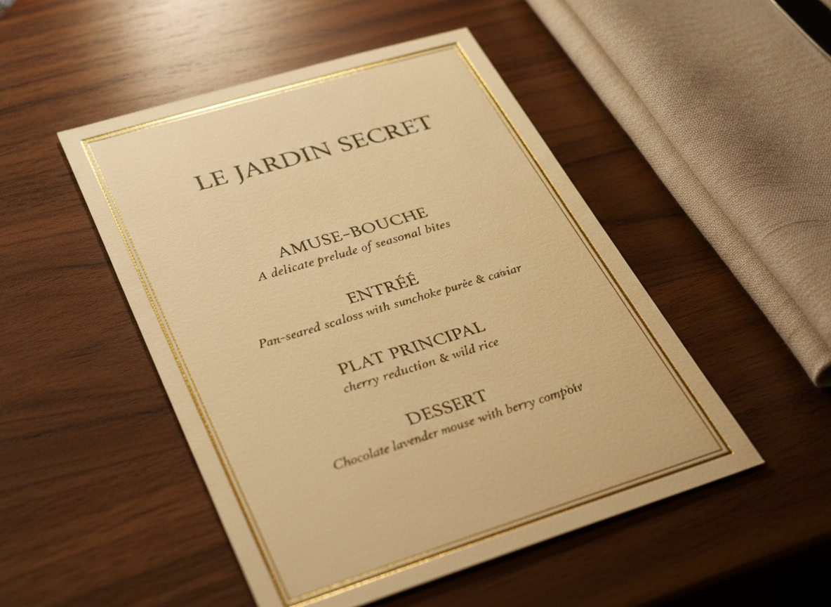 AI menu design generator example — a fine dining menu card on ivory textured cardstock with a gold rule border and three tasting courses in a serif face