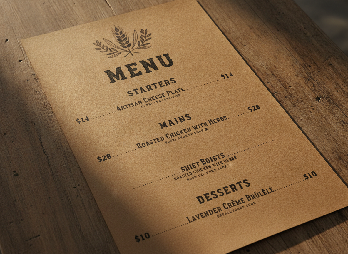 AI restaurant menu maker example — a kraft paper bistro menu with letterpress type, a wheat and olive header motif and dotted leader lines to the prices