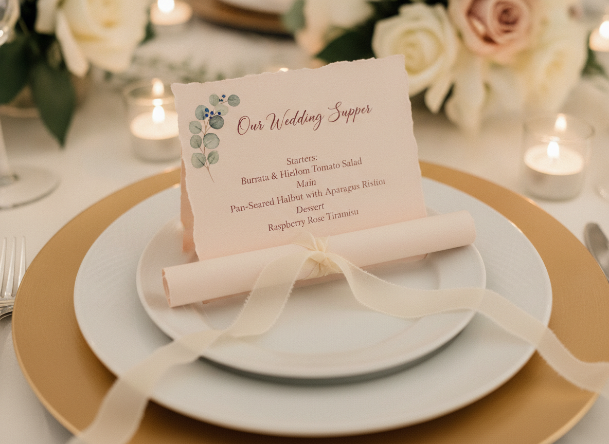 AI wedding menu card generator example — blush deckled edge paper with a script heading, serif course listings and a watercolour eucalyptus sprig