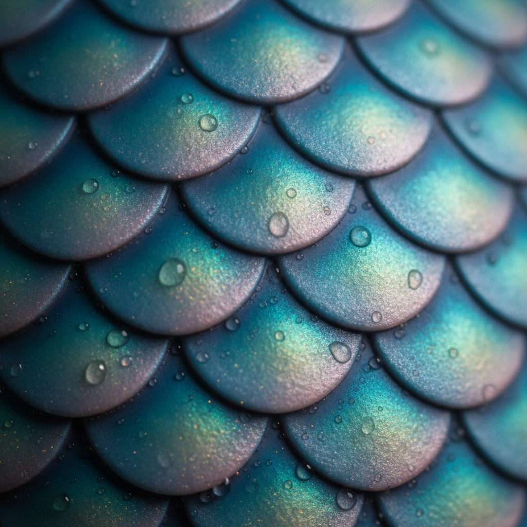 Macro study of iridescent mermaid tail scales in teal turquoise and rose pearl with an opal sheen and beads of water