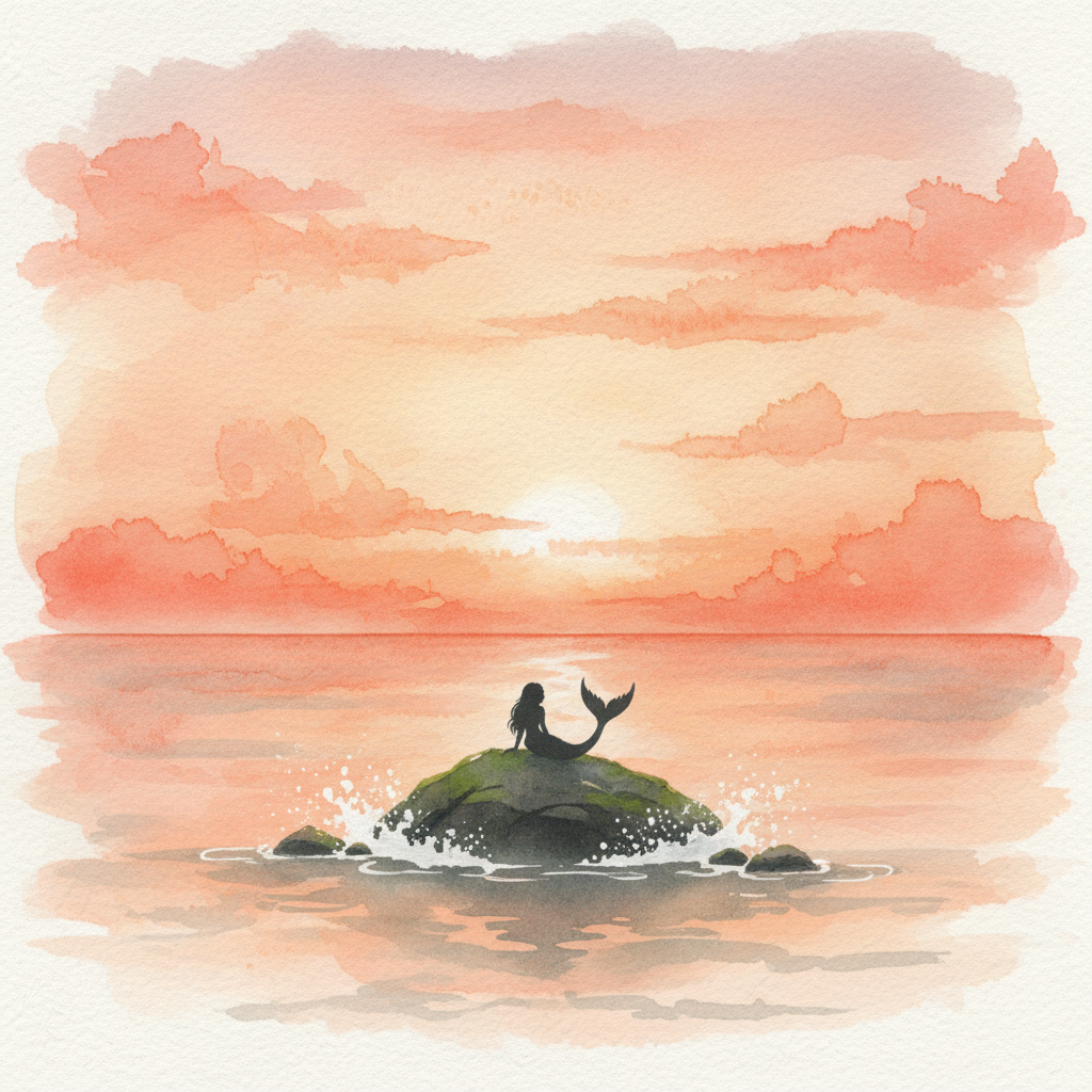 Soft watercolour storybook illustration of a distant mermaid silhouette resting on a mossy sea rock beneath a warm coral sunset sky