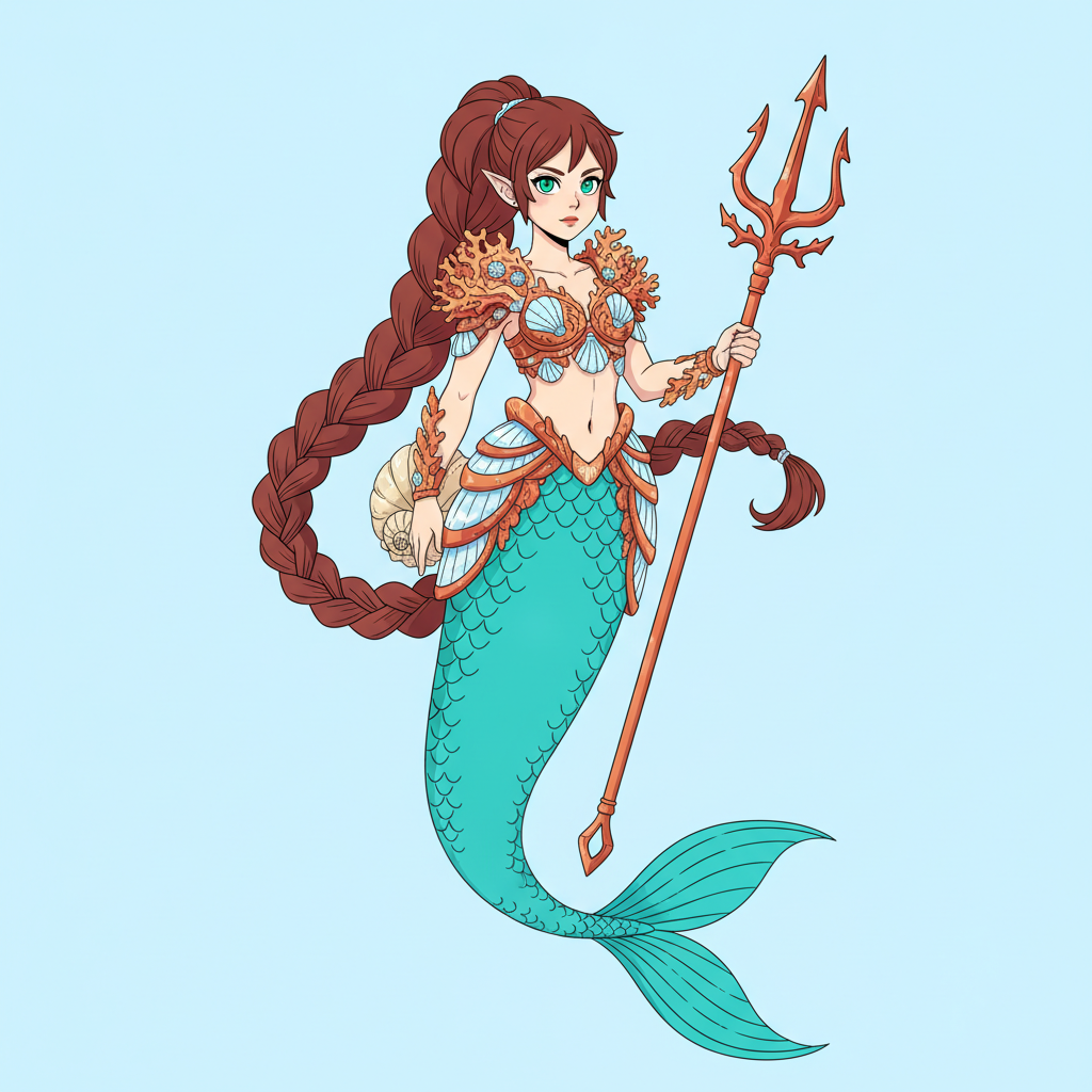 Cel-shaded anime mermaid character holding a coral trident, with a long braided ponytail, ornate coral and shell armour and a bright turquoise scaled tail on a pale blue background