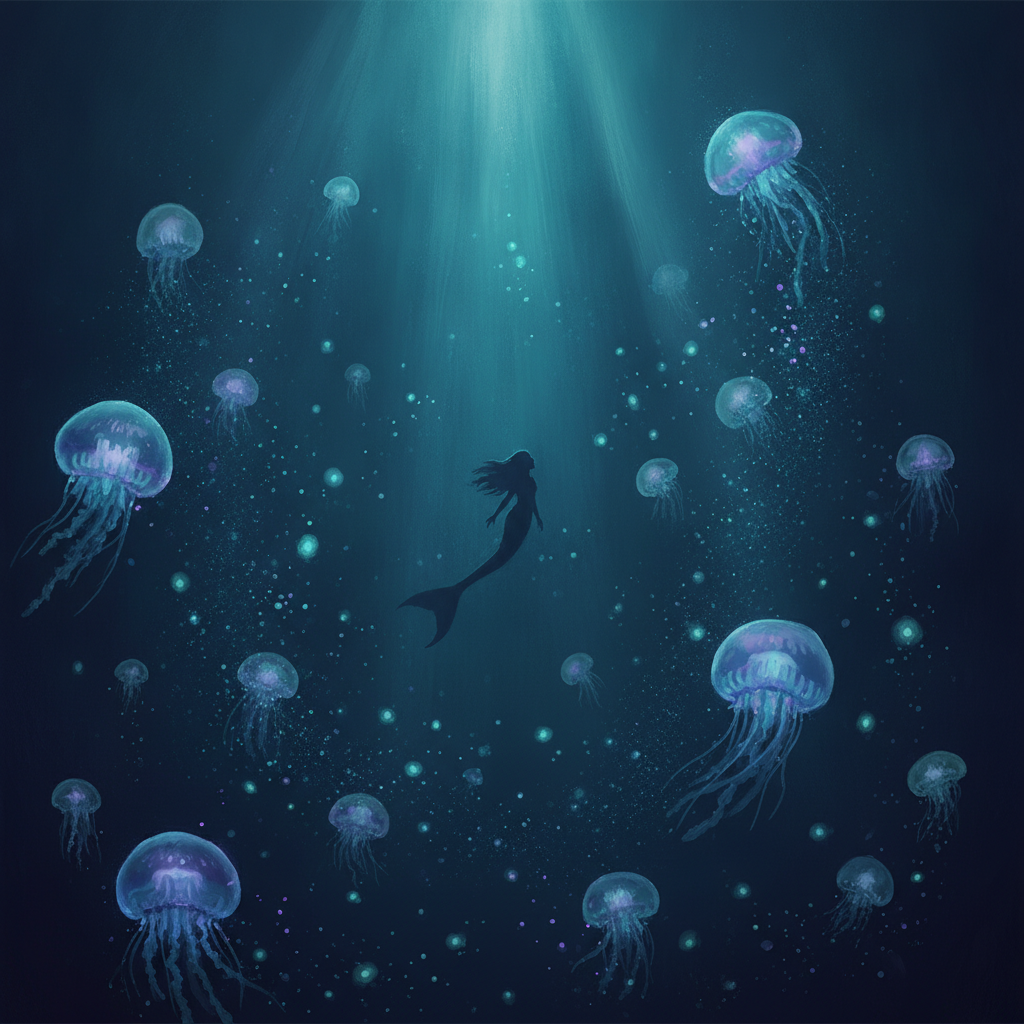 Dark deep-sea mermaid concept art with a distant silhouetted figure surrounded by glowing bioluminescent jellyfish in teal and violet water