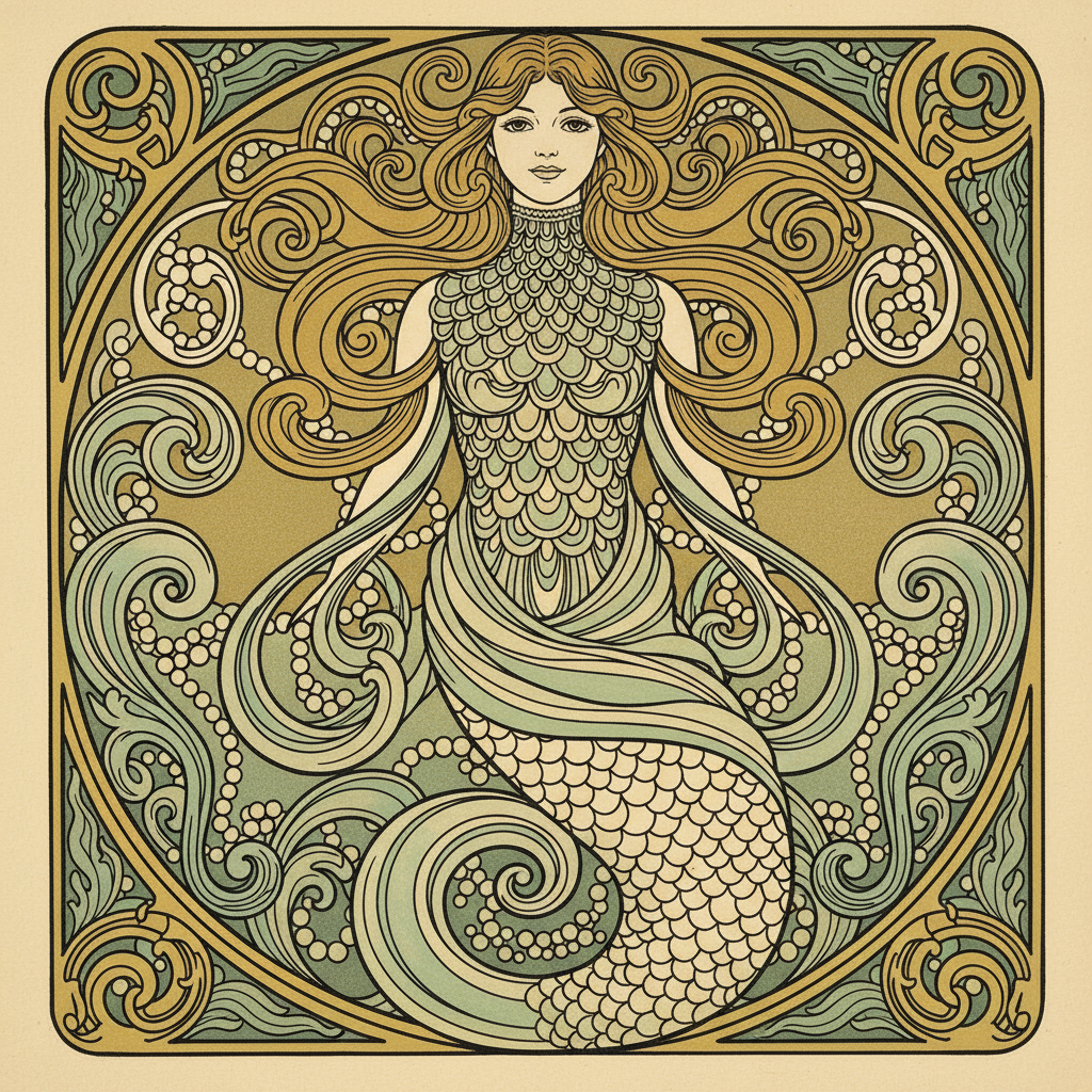 Art nouveau decorative mermaid panel in gold and seafoam, a mermaid in a high-necked scale bodice framed by an ornamental border of curling waves, pearls and seaweed