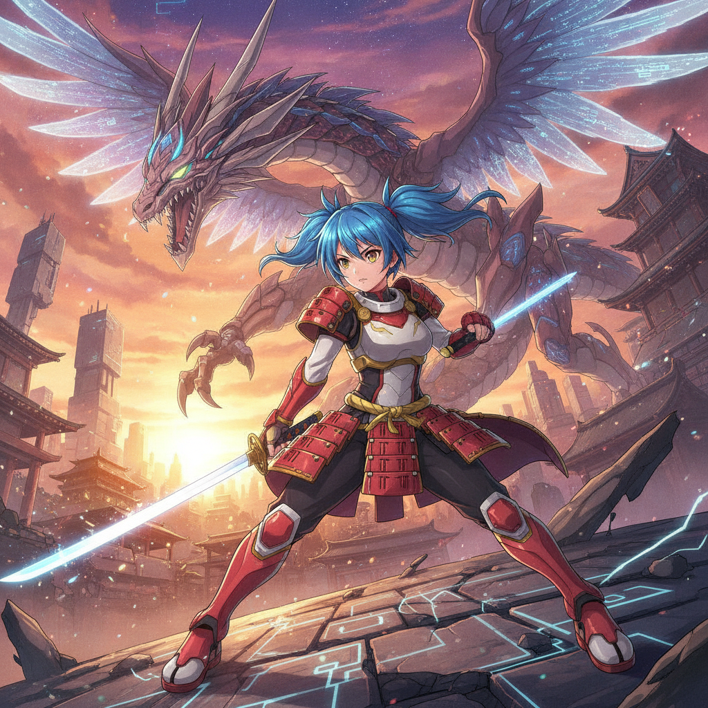 AI mode art creation output — an anime mode character with crisp cel-shaded coloring and dynamic background
