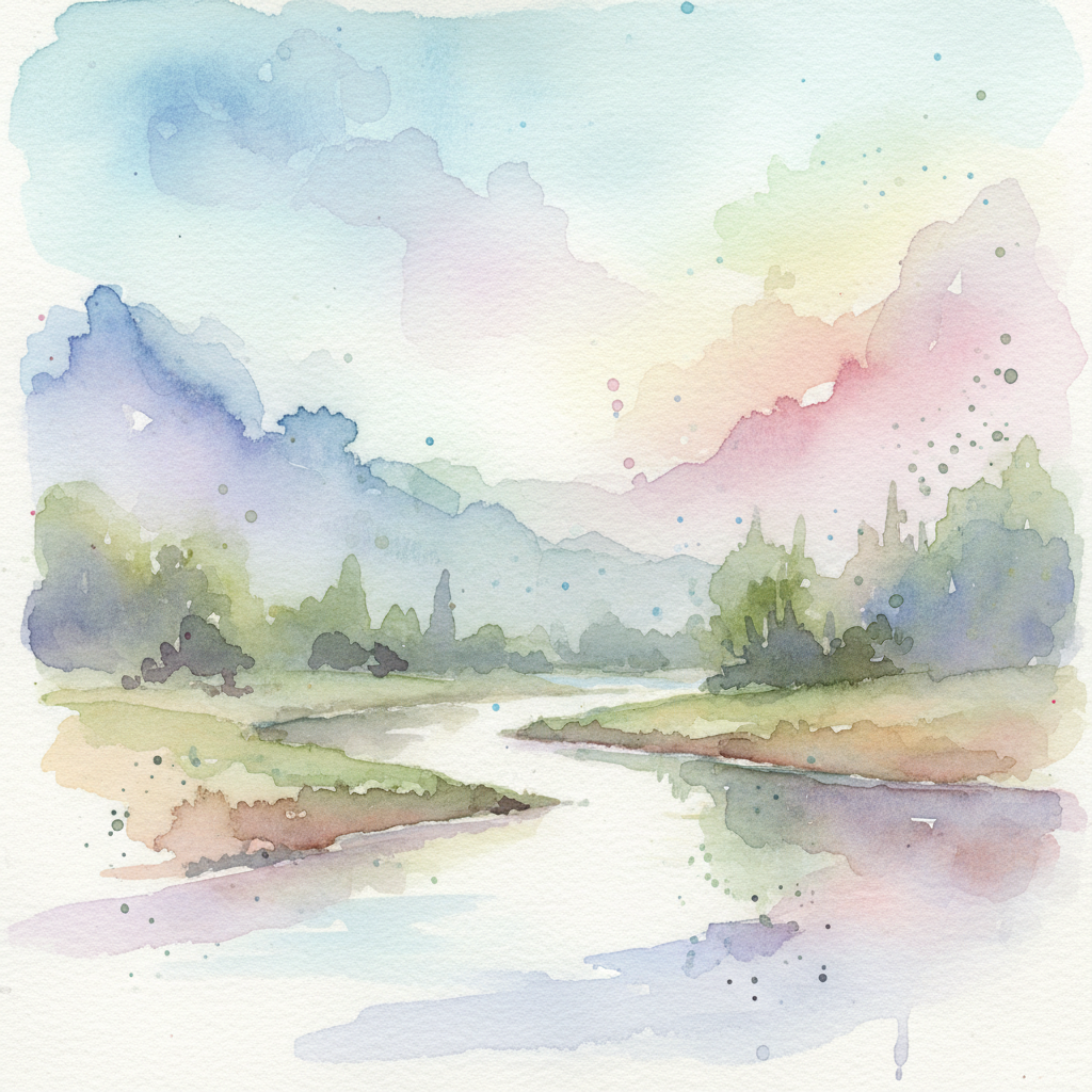 AI mode art creation output — a watercolor mode landscape with soft translucent washes and pastel palette