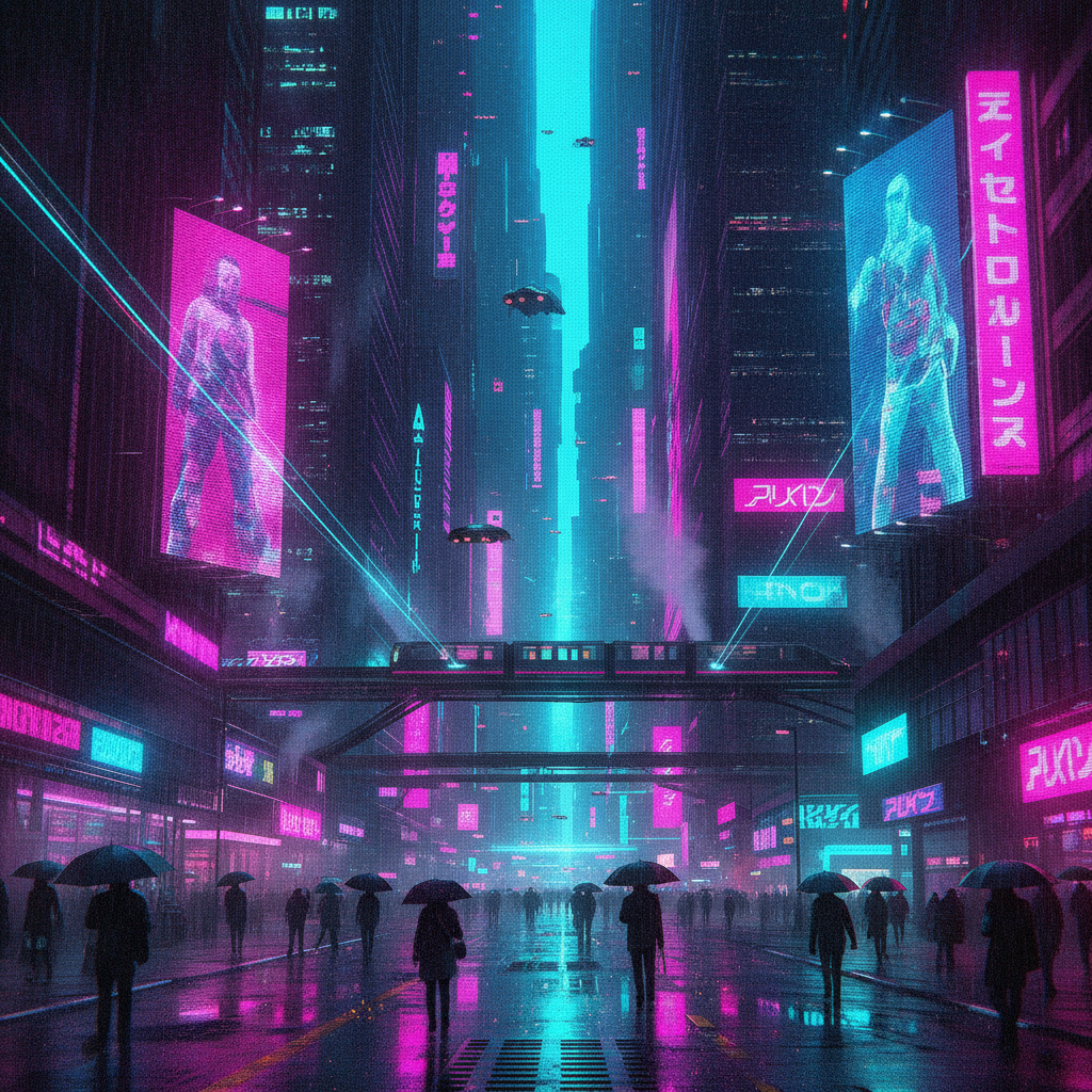 AI mode art creation output — a cyberpunk neon mode cityscape with glowing magenta and cyan lights