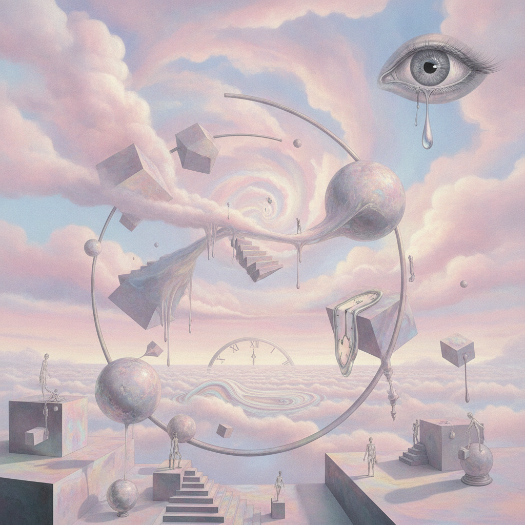 AI mode art creation output — a surreal dreamscape mode with floating impossible geometry and ethereal skies